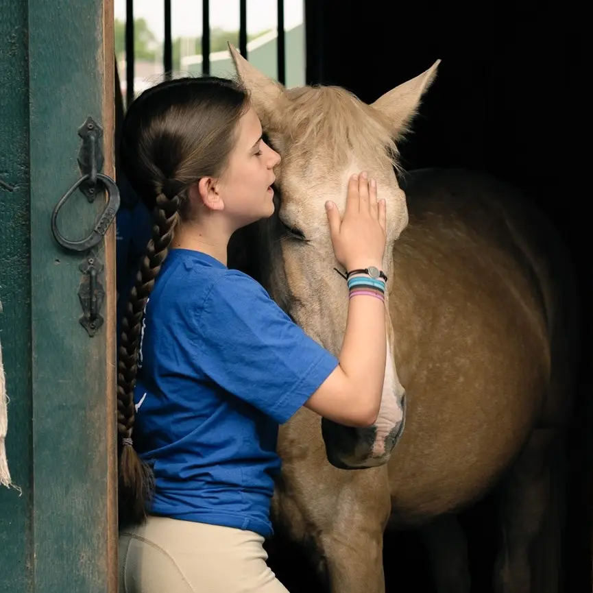 A girl with braided hair petting a horse
